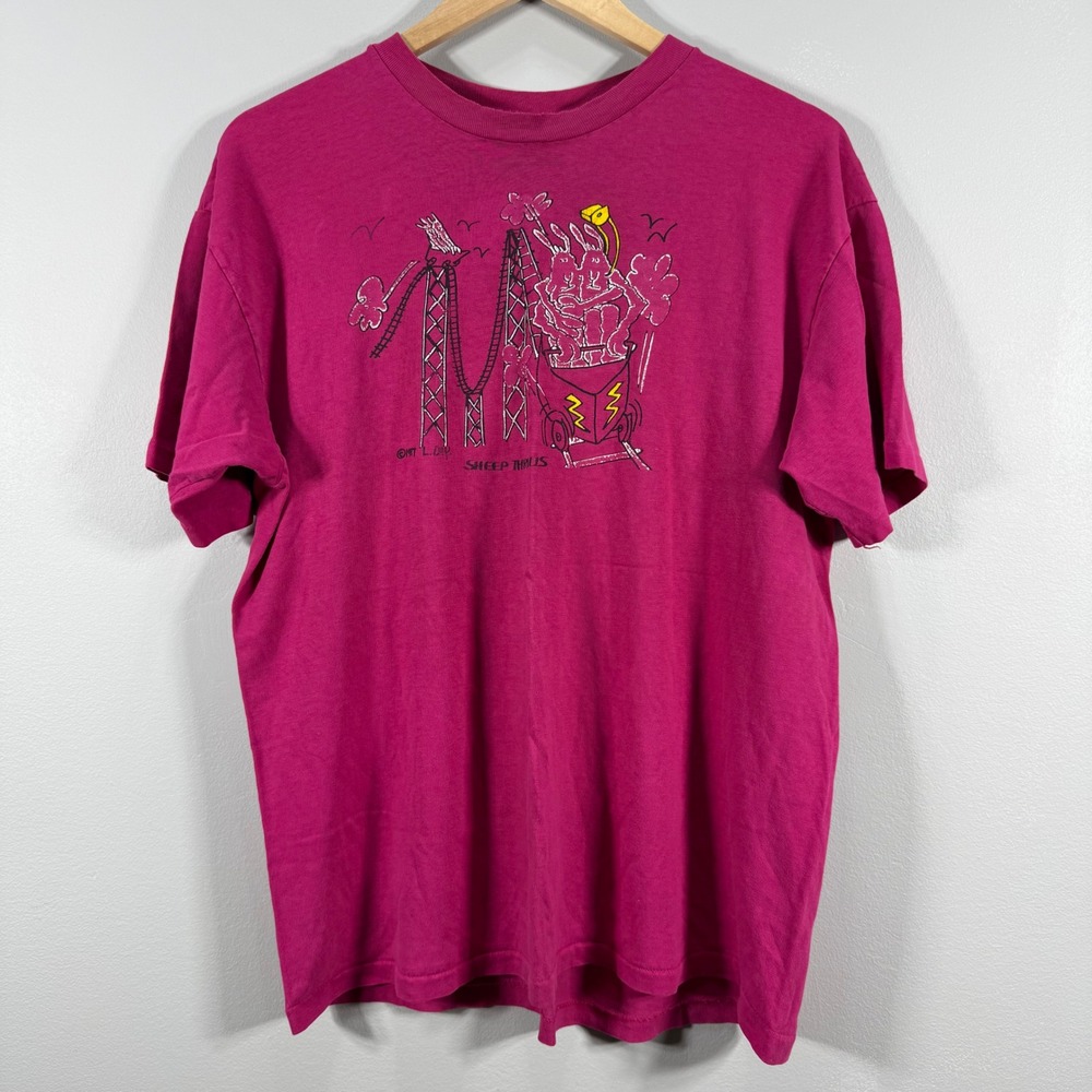 Hanes Vintage 1987 Sheep Thrills Roller Coaster Graphic T-Shirt Pink XL
